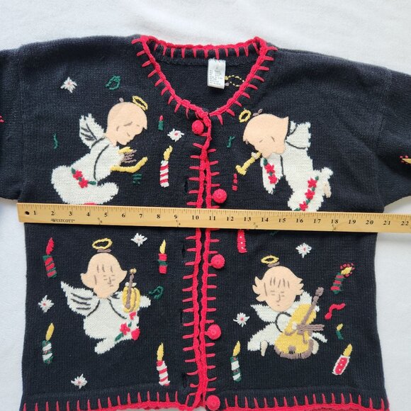 Vintage Angel Christmas Cardigan Sweater Black Red Winter Holiday Party Grandma - Picture 9 of 10